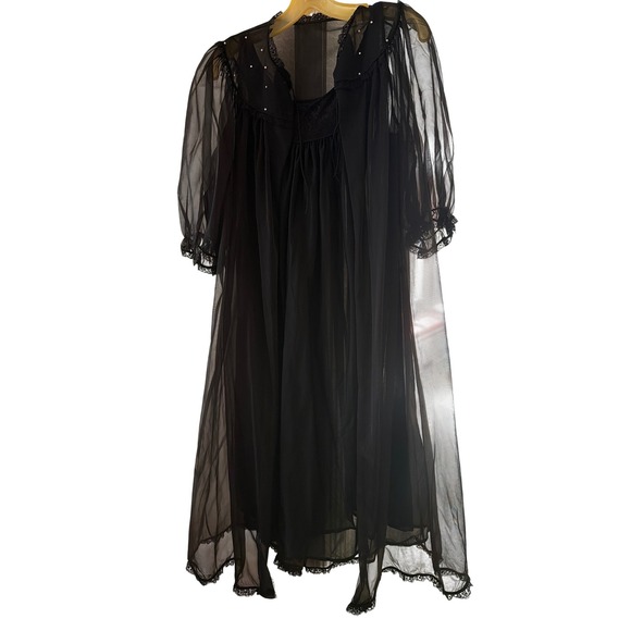 Vintage Other - Vintage Peignoir Set Black 1960s Nylon Tricot Lace Pearl Nightgown Robe M